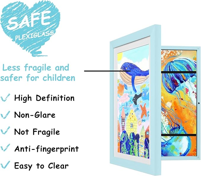 KINLINK 10x12.5 Kids Art Frames Set of 2, Solid Wood Kids Artwork Frames Changeable with Acrylic Front Opening Holds 150 Pictures, Art Frame for Kids Artwork with Mat or without Mat, Light Blue