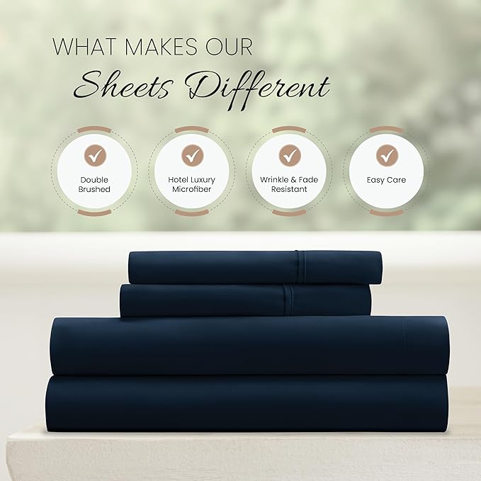 Linen Market Brushed Microfiber Queen Sheet Set 4 Piece – Oeko-TEX Certified Ultra Soft & Wrinkle-Free - 16" Deep Pocket Sheets - Easy Care Queen Size - Navy