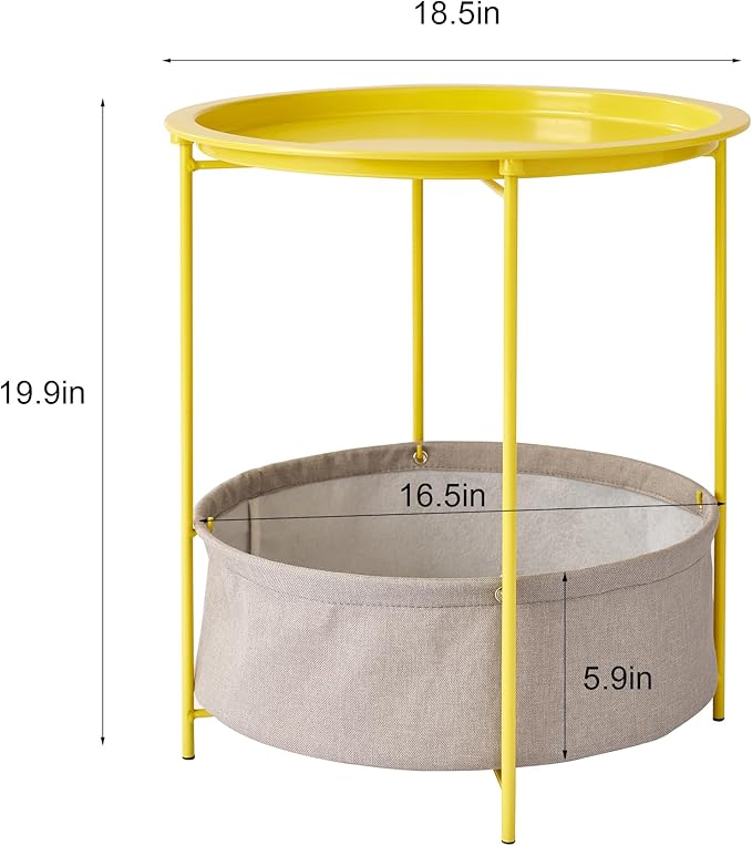 VECELO Round Side/End Table with Fabric Storage Basket，Metal Anti-Rust and Waterproof Small Bedside Nightstand with Removable Tray Top for Living Room，Balcony & Laundry，Yellow /2pcs with Basket