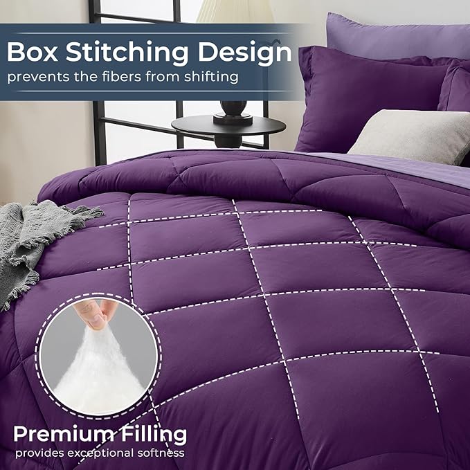 HEVUMYI Purple & Light Purple Full Comforter Set - 7-Piece All Season Bed in a Bag Full, Ultra Soft Bedding Set with Comforter, Flat Sheet, Fitted Sheet, Pillowcases, Pillow Shams