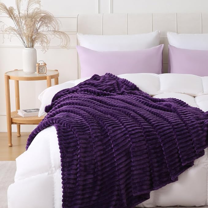 Deep Purple Throw Blanket for Couch Sofa 60x80 inches Striped Design | Fleece - Image 6