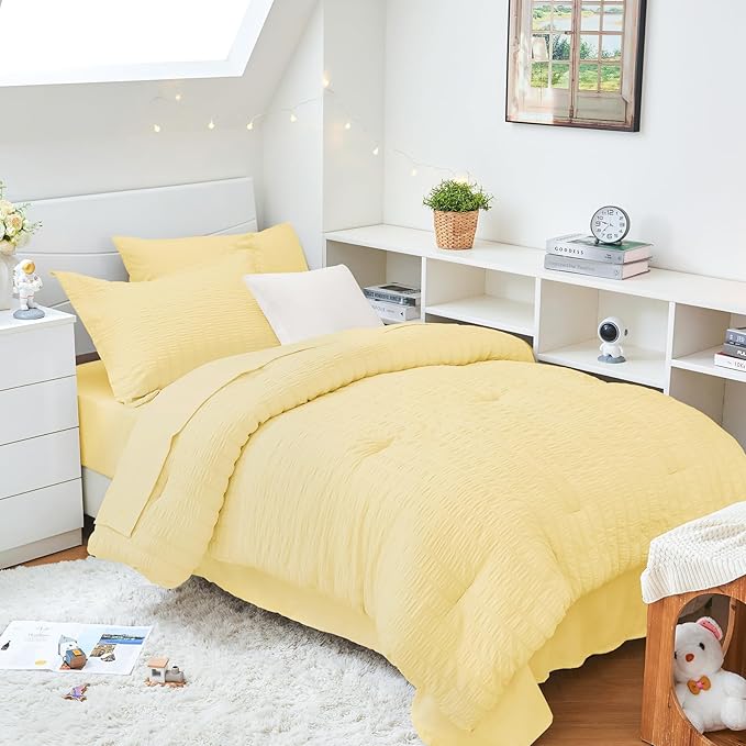HYMOKEGE Yellow Twin XL Comforter Set Seersucker 5 Pieces, All Season Luxury Bed in a Bag for Bedroom, Bedding Set with Comforter, Sheets, Pillowcase & Sham