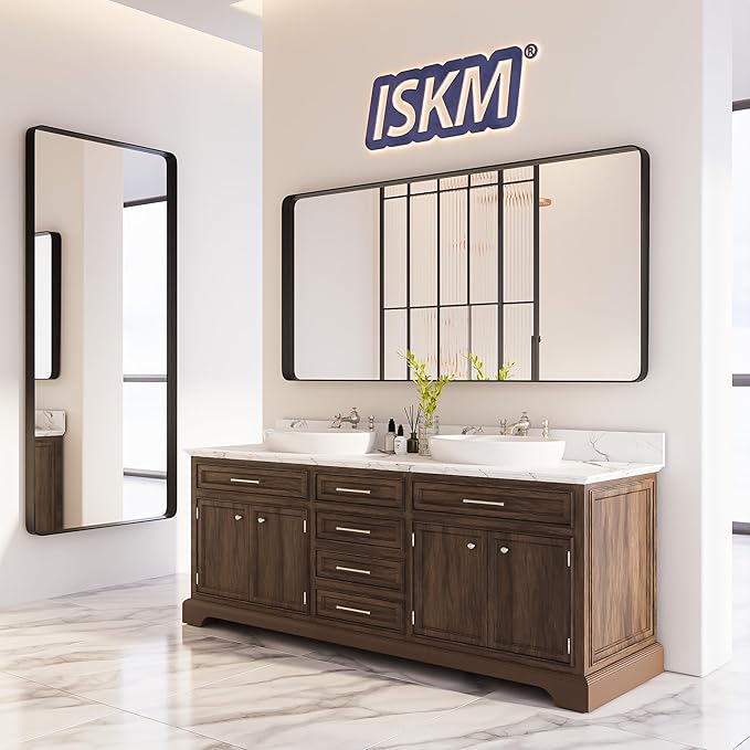 ISKM 48x30 Inch Black Metal Framed Bathroom Mirror for Wall Rectangle Mirror for Vanity Anti-Rust Tempered Glass Decorative (Horizontal/Vertical)