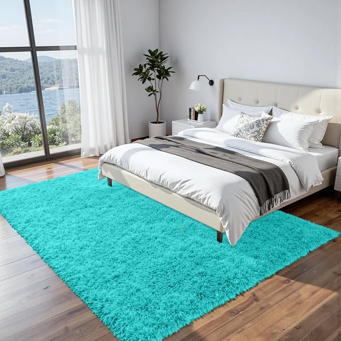8x10 Fluffy Shag Area Rugs for Living Room Bedroom: Soft Carpet Teal Blue | - Image 2