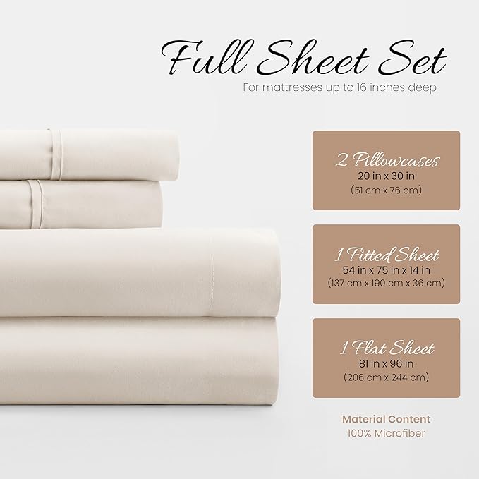 Linen Market Double-Brushed Microfiber Full Sheet Set 4 Piece – Oeko-TEX Certified Ultra Soft & Wrinkle-Free - 16" Deep Pocket Sheets - Easy Care Full Size - Ivory
