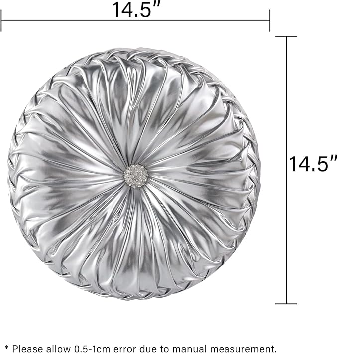 HIG Set of 2 Silver Metallic Leather Decorative Round Pleated Throw Pillows | - Image 5