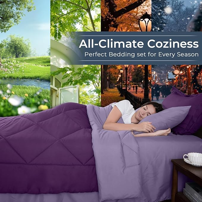 HEVUMYI Purple & Light Purple Queen Comforter Set - 7-Piece All Season Bed in a Bag Queen, Ultra Soft Bedding Set with Comforter, Flat Sheet, Fitted Sheet, Pillowcases, Pillow Shams