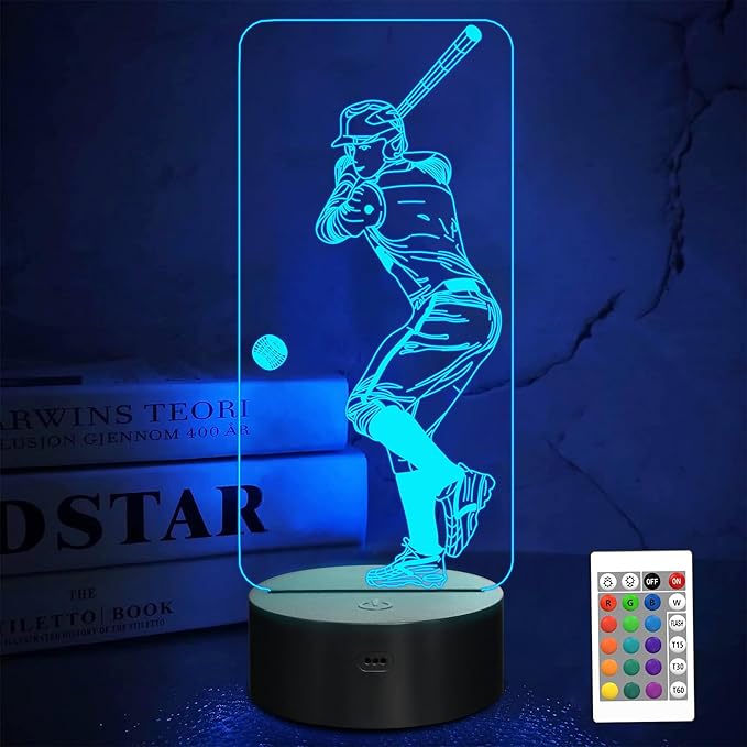 FULLOSUN Baseball 3D Night Light, Sport Gifts Bedside Lamp for Xmas Holiday Birthday Gifts for Baseball Fan with Remote Control 16 Colors Changing + 4 Changing Mode + Dim Function