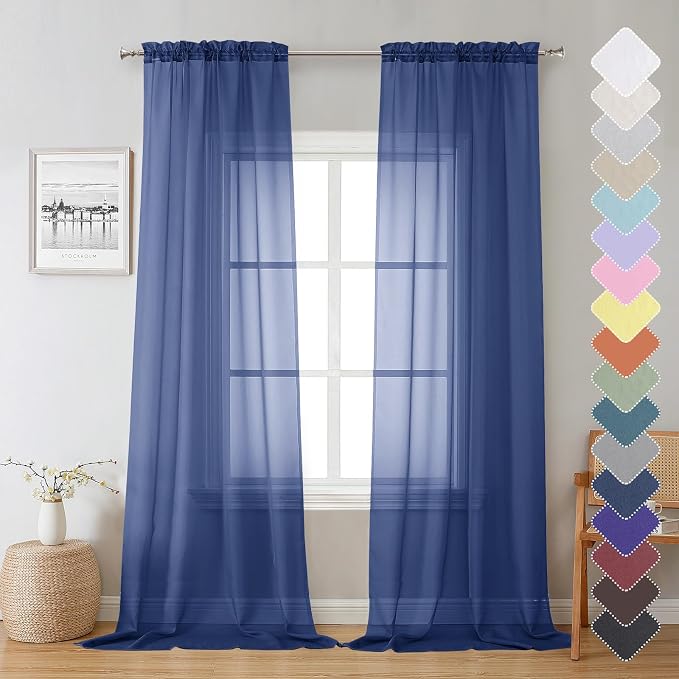 Royal Blue Sheer Curtains 96 Inches Long 2 Panels, Farmhouse Voile Sheer Curtain by Lecloud