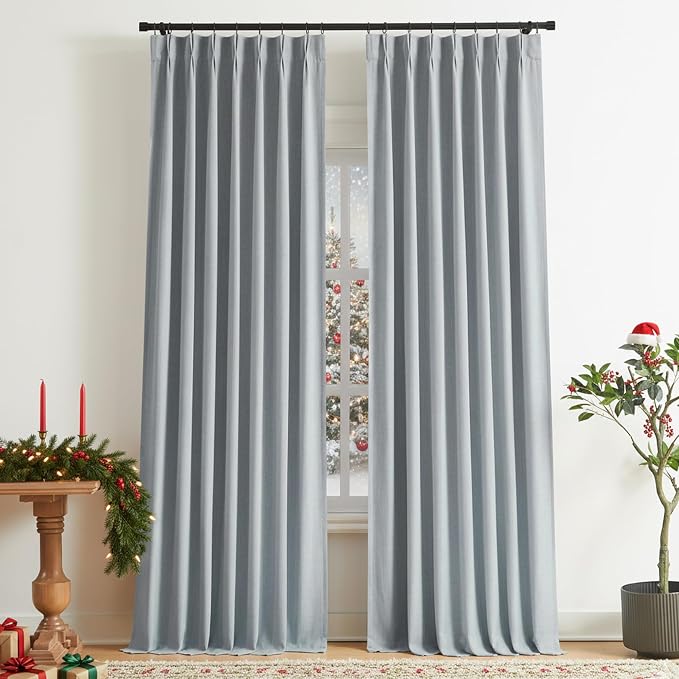 Vision Home Blue Gray Pinch Pleated Full Blackout Curtains Linen Blended Room - Image 9