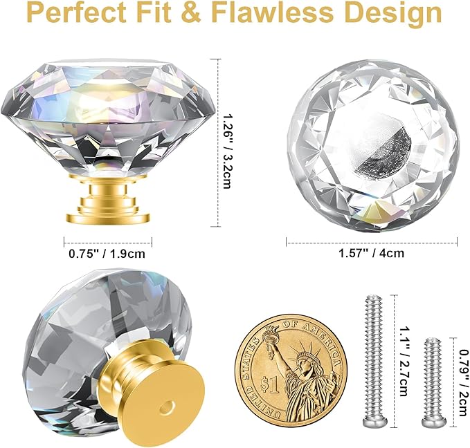 POZEAN Crystal Cabinet Knobs 12Pack, 1.57inch Dresser Knobs for Cabinet, Drawer with Two Different Sizes Screws, Diamond Glass Pulls Handles (40mm, 12Pack, Clear-Gold)