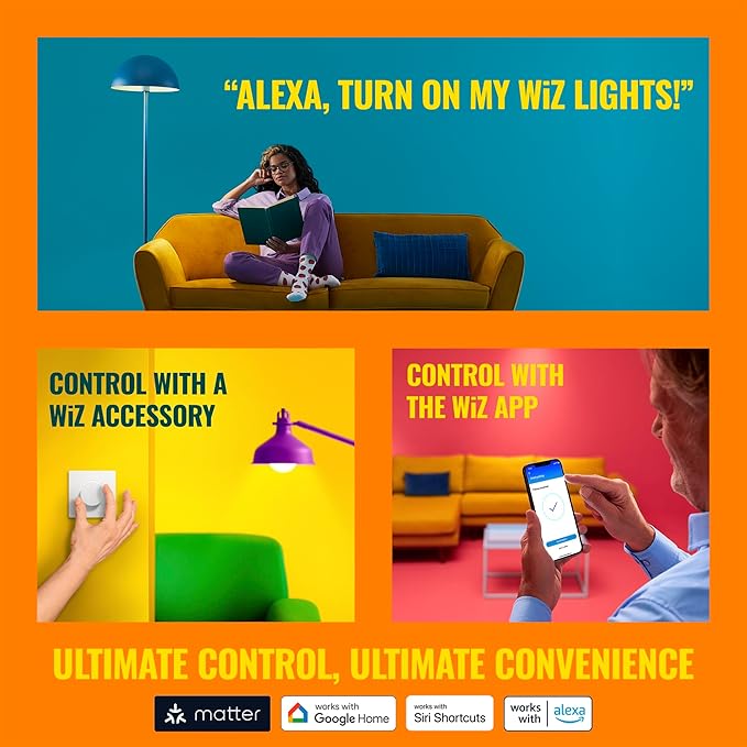 WiZ Connected Smart Light Bulbs, 2-Pack, Full Color A19 60W 800LM E26 LED Lights, Sunset/Sunrise Automation, Smart Bulbs with Motion Detection, Control with Voice or App