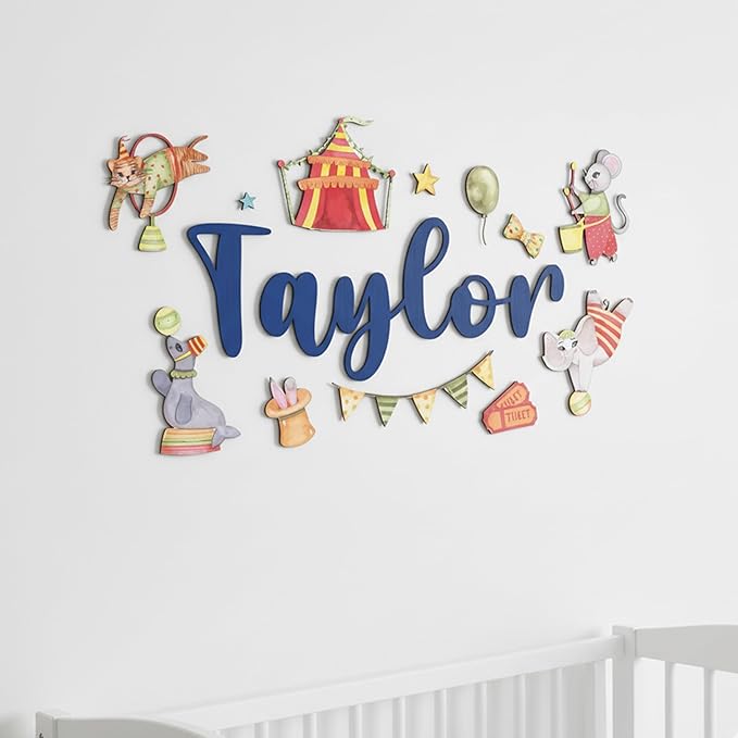 Custom Nursery Name Sign with Themed Decor Kit | Personalized Wooden Wall Art for Baby, Kids Room | Space, Jungle, Circus, Under the Sea, Woodland, Rainbow (50", Circus)