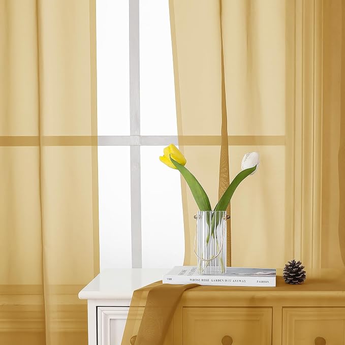 Gold Sheer Curtains 54 Inch Length 2 Panels, Light Filtering Voile Curtain - Image 3