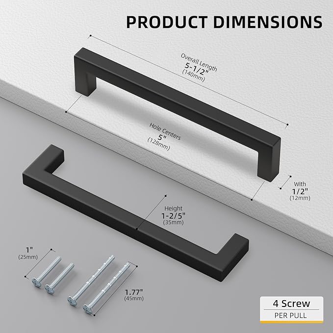 goldenwarm 50 Pack 5 Inch Black Cabinet Handles Matte Black Drawer Pulls Stainless Steel Cabinets Hardware Square Bar Modern for Kitchen Bathroom Cupboard