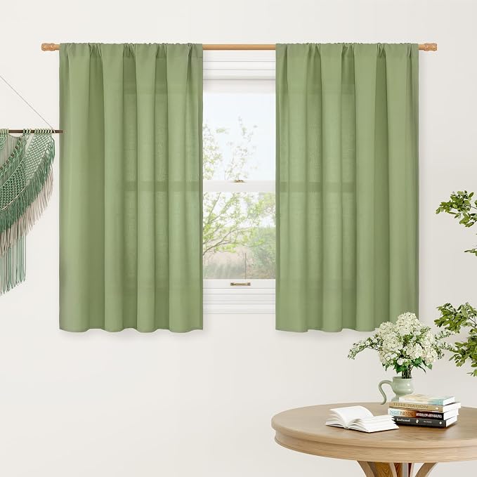 Sage Green Linen Curtains for Small Windows 45 Inch Length 2 Panels | Soft by LAMIT