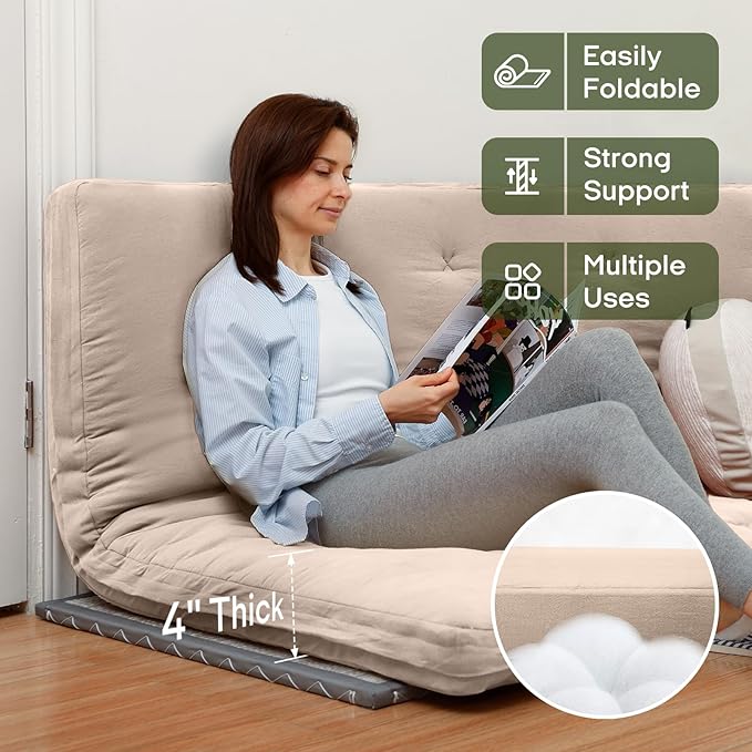 ZonLi Japanese Floor Futon Mattress Queen Size 80"x 60", 100% Cotton Cover 4'' Thicken Tatami Mattress, Foldable Sleeping Pad, Portable Dormitory Tatami Mat(Khaki)