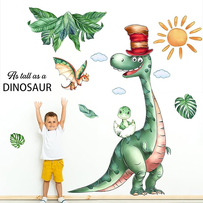 Summer Dinosaurs Wall Stickers Decals Kid Room Nursery Baby Bedroom Décor (Dinosaur with Hat)