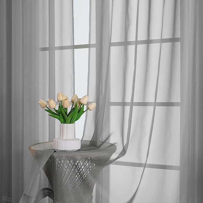 Charcoal Grey Sheer Curtains 63 Inch Length 2 Panels, Rod Pocket Light - Image 8