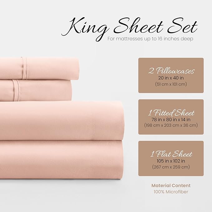 Linen Market Double-Brushed Microfiber King Sheet Set 4 Piece – Oeko-TEX Certified Ultra Soft & Wrinkle-Free - 16" Deep Pocket Sheets - Easy Care King Size - Blush