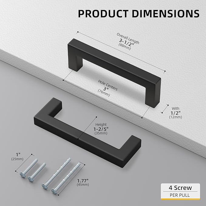 goldenwarm 15 Pack 3 Inch Black Cabinet Handles Matte Black Drawer Pulls Stainless Steel Cabinets Hardware Square Bar Modern for Kitchen Bathroom Cupboard