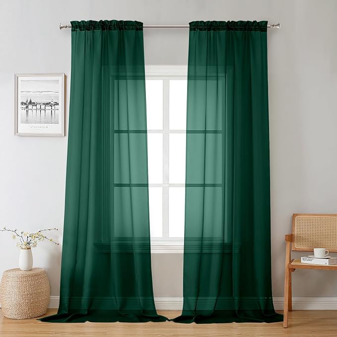 Hunter Green Sheer Curtains 96 Inches Long 2 Panels, Airy Voile Solid Curtains by Lecloud