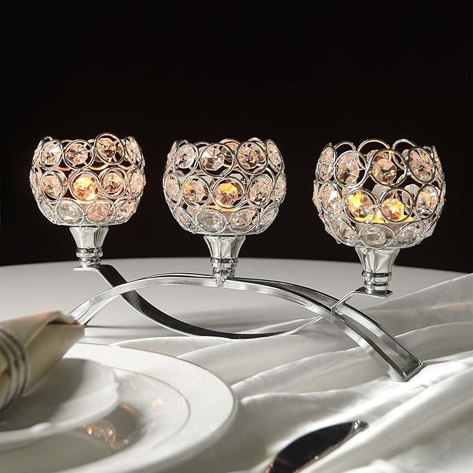 Crystal Tealight Candle Holder Centerpiece Home Decorative Candlestick Holder Elegant Table Centerpiece Home Decor Wedding Party Anniversary (Silver, 3 Arm)
