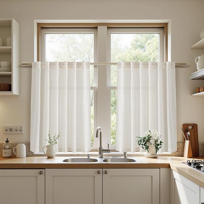 45 Inch Short Window Linen Curtains, Kitchen Window Curtains Over Sink Light - Image 5