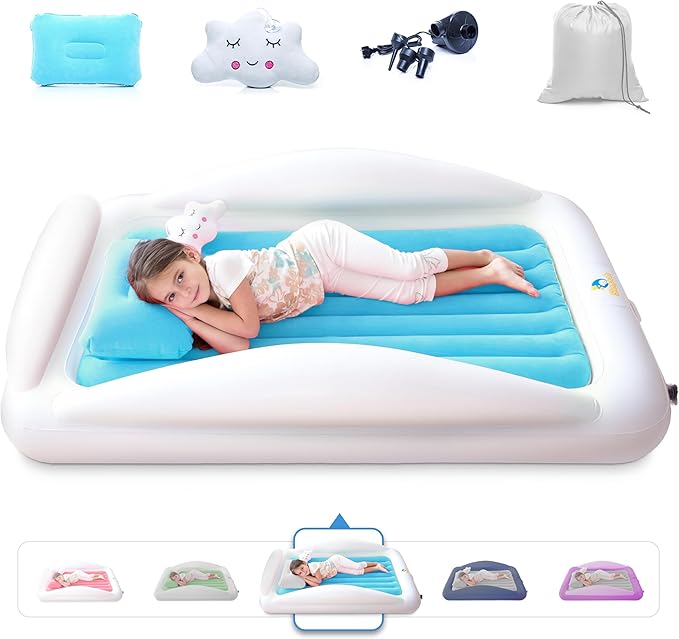 Sleepah Inflatable Toddler Travel Bed Portable Kids Air Mattress Set w Safety Bed Rail Guards for Kids & Toddlers – Set Includes Pump, Carry Case, Pillow & More - Perfect Transitional Cot Aqua