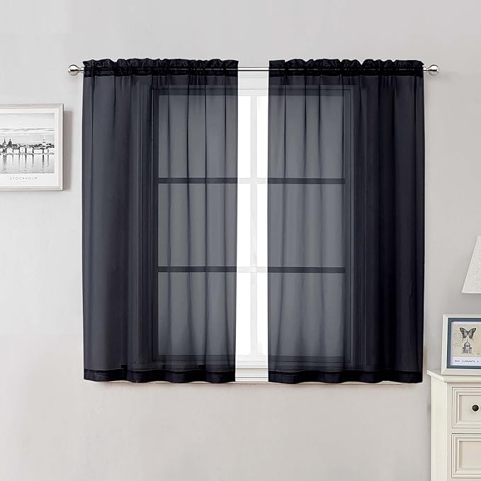 Black Sheer Curtains 48 Inch Length 2 Pcs, Light Filtering Bedroom Curtains by Lecloud