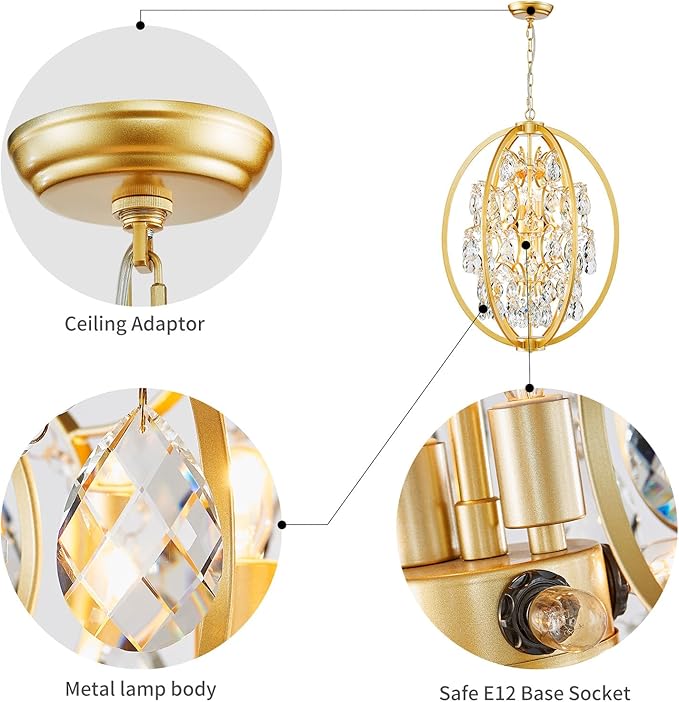 WUZUPS Globe Crystal Chandelier Raindrop Pendant Flushmount Ceiling Light Modern Lighting Fixture for Bedroom Hallway Bar Kitchen Bathroom, H 23.6" x W 19.7", Gold, 8 E12 Base
