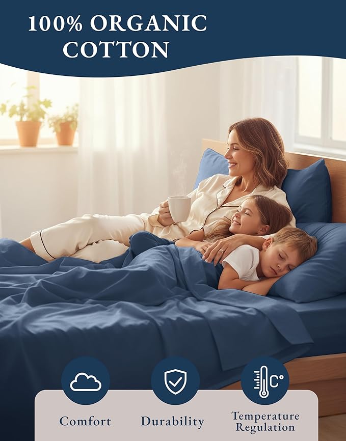 LANE LINEN 100% Organic Cotton Sheets Set, 4Pc Sheet Set Short Queen Size, Classic Percale Weave, Breathable RV Queen Cotton Sheet Set, RV Queen Deep Pocket Sheets, Oeko-Tex Sheets - Estate Blue