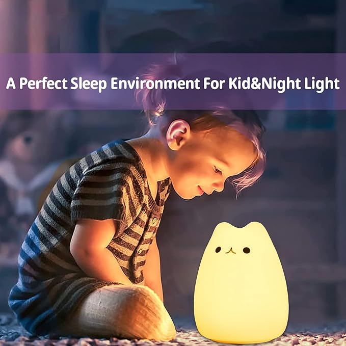 ZKLiLi Cute Cat Nursery Night Lights USB Rechargeable Cat Lamp Nightlight Birthday Christmas Gift with Warm White and 7-Color Breathing Modes for Kids Baby Children (renqimao)