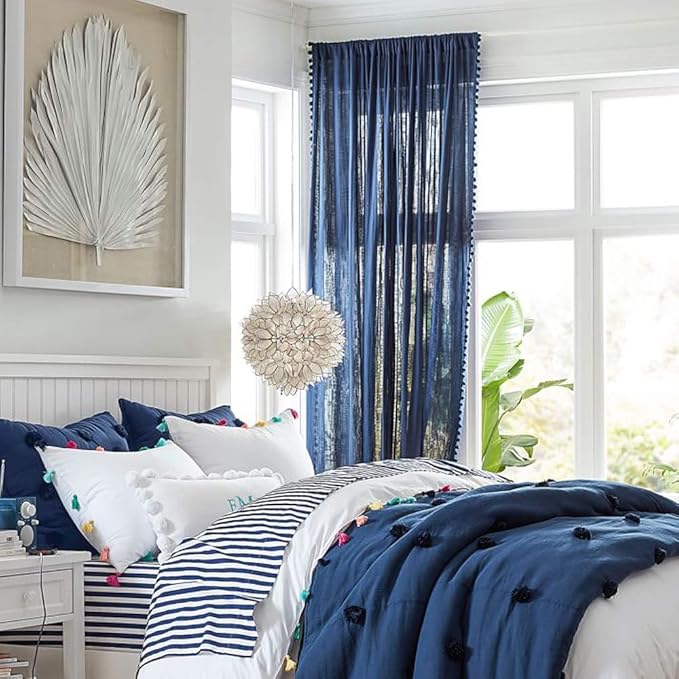 Treatmentex Sheer Blue Curtains for Bedroom Window 95 inches Long Linen Textured Pom-Pom Voile Drapers for Kids Bed Canopy Navy Rod Pocket 2Pack