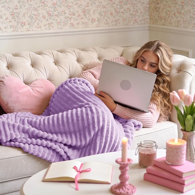 BEDELITE 3D Ribbed Lavender Fleece Throw Blanket - Image 2