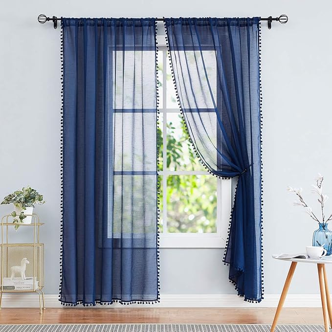 Treatmentex Sheer Blue Curtains for Bedroom Window 95 inches Long Linen Textured Pom-Pom Voile Drapers for Kids Bed Canopy Navy Rod Pocket 2Pack