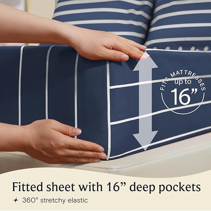 LuxClub 4 PC Queen Size Sheet Set Bed Sheets, Breathable Luxury Deep Pockets Wrinkle Free Cooling Sheets Machine Washable Hotel Bedding (Queen, Striped Navy)