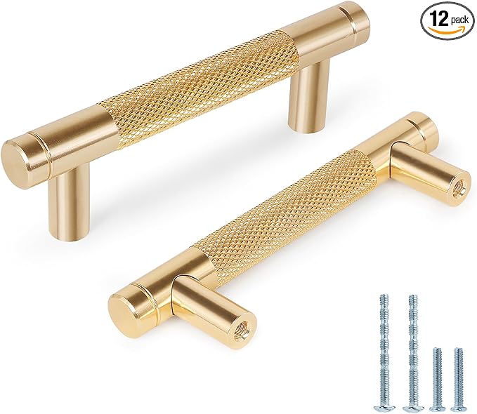 Knurled Cabinet Pulls 12 Pack, 4 Inch Long Cabinet Handles Metal Door Pulls, Kitchen Drawer Pull Knurled Dresser Handles - 3" Hole to Hole, Golden