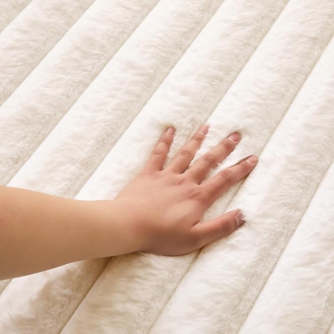 Creamy White Rabbit Striped Plush Rug 3'x5', Fluffy Faux Fur Shaggy Area Rug - Image 4