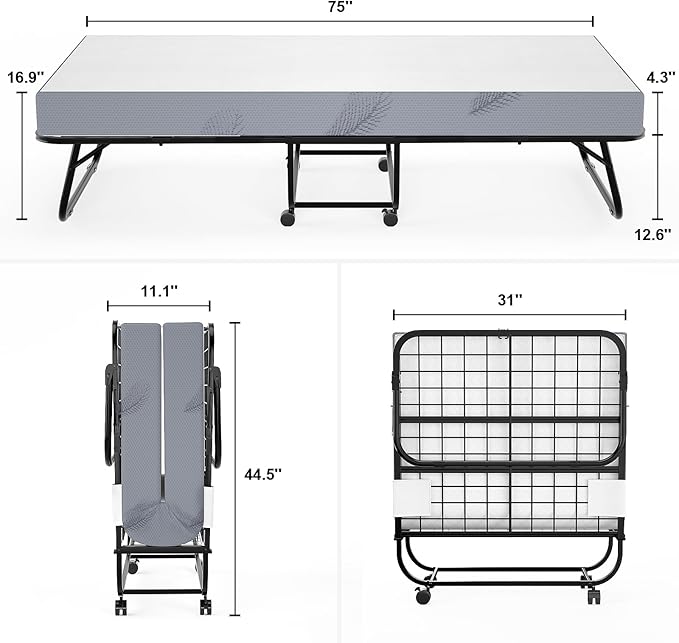 Karcog Folding Bed with Mattress, Storage Cover Included, Cot Size Extra Rollaway Guest Bed for Adults, with Memory Foam Mattress and Sturdy Metal Frame on Wheels, 75” x 31"
