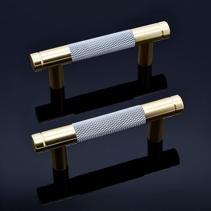 Knurled Cabinet Pulls 2 Pack, 3.5 Inch Long Cabinet Handles Metal Door Pulls, Kitchen Drawer Pull Knurled Dresser Handles - 2 1/2" Hole to Hole, Grey & Gold