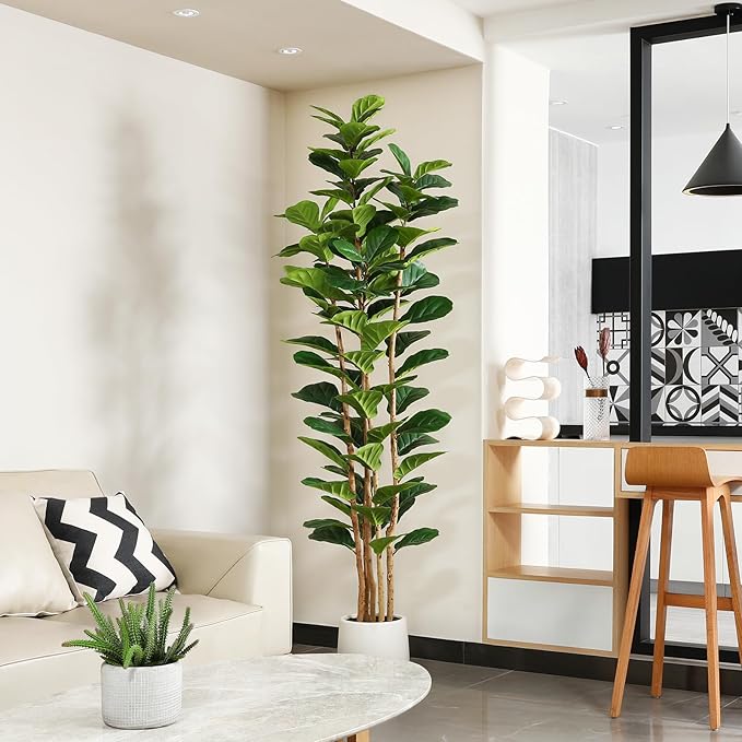 Artificial Fiddle Leaf Fig Tree with White Planter, 7ft Tall Fake Tree with Natural Wood Trunk for Home Decor, Faux Ficus Tree Fake Moss for Indoor Office Living Room