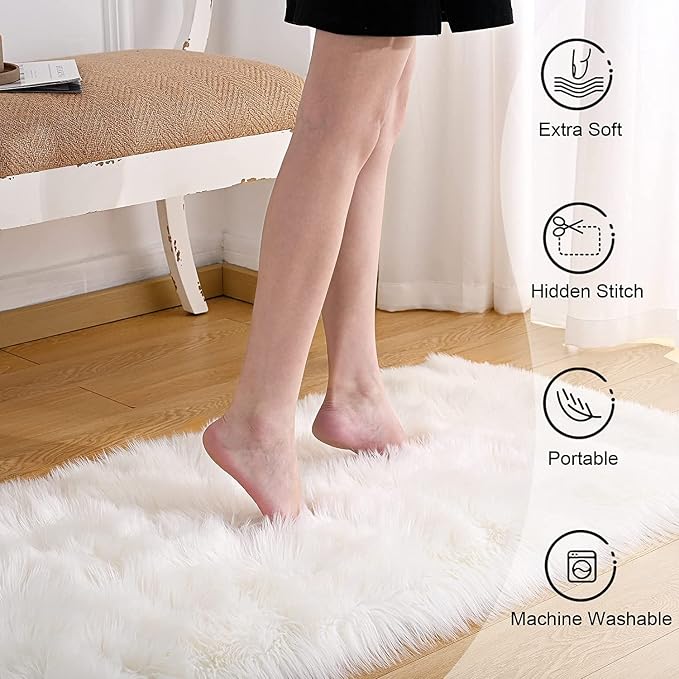 Fluffy White Faux Fur Rug Runner 2x6 ft, Soft Faux Sheepskin Rug White Furry - Image 3