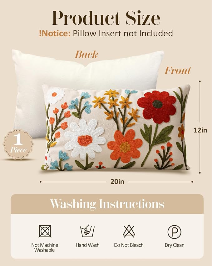 Embroidered Lumbar Pillow Cover 20x12 Inch, Flower Cluster | Decorative Throw - Image 4