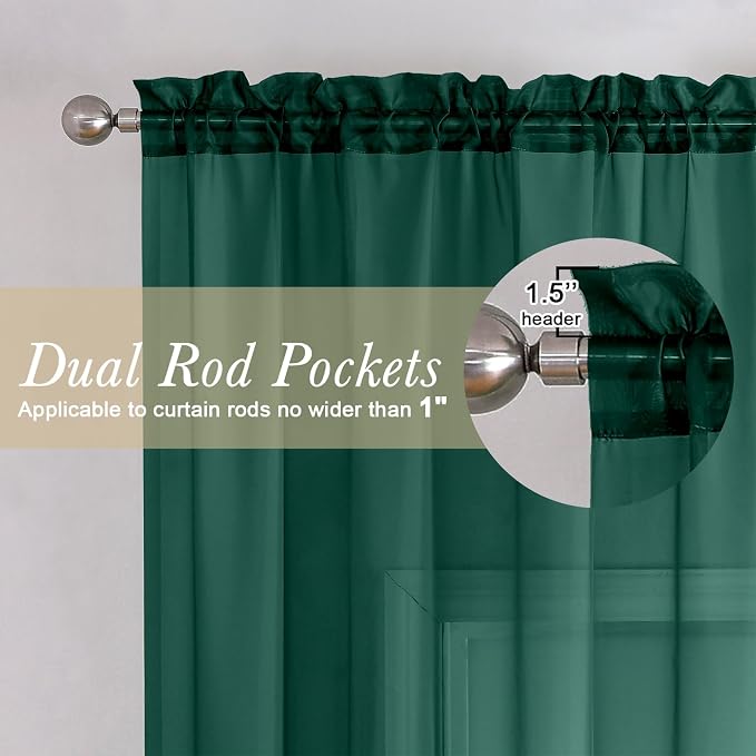 Hunter Green Sheer Curtains 54 Inch Length 2 Panels, Voile Light Filtering - Image 2