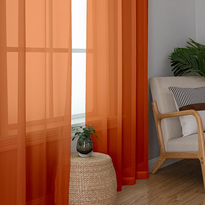 Orange Sheer Curtains 84 Inches Long 2 Panels Set, Rod Pocket Transparent - Image 9