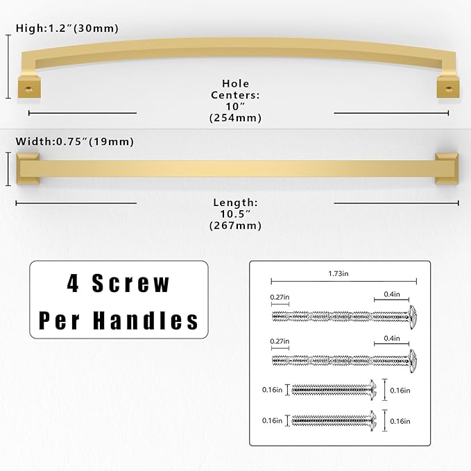 10 Pack Brushed Gold Cabinet Pulls 10 Inch(254mm) Kitchen Cabinet Handles Solid Zinc Alloy Cabinet Hardware Drawer Pulls
