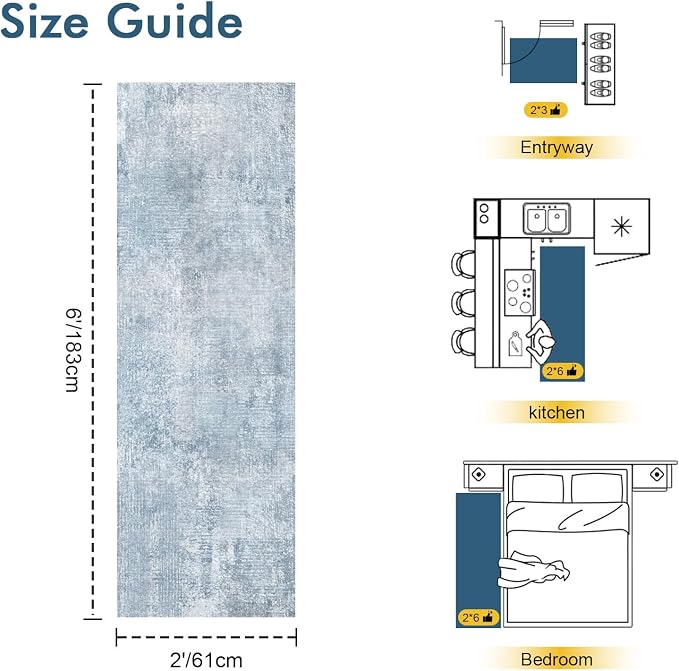 2x6 Ft Washable Runner Rug, Non-Slip Low Pile Hallway Kitchen Area Rug - Image 2