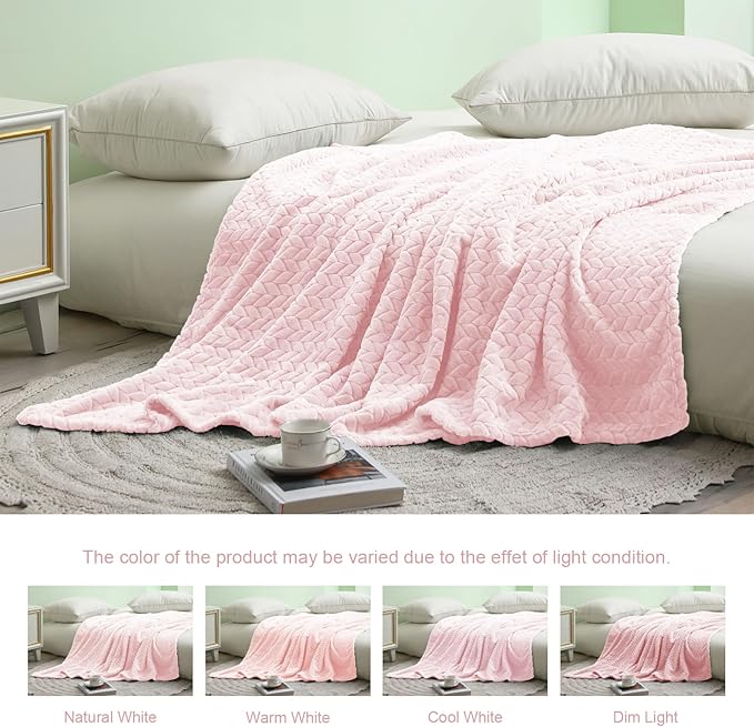 Exclusivo Mezcla Fleece Twin Size Blanket for Bed, 90x66 Inches Soft Cozy Jacquard Flannel Blankets, Lightweight Fuzzy Plush Warm for Winter, Light Pink