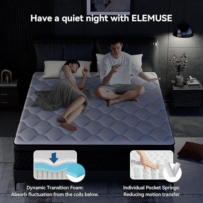 ELEMUSE Twin XL Mattress, 10 Inch Hybrid Memory Foam Mattress in a Box, Pressure Relieving Comfort, Individual Pocket Springs for Motion Isolation, Medium Firm, CertiPUR-US Certified, Fiberglass Free
